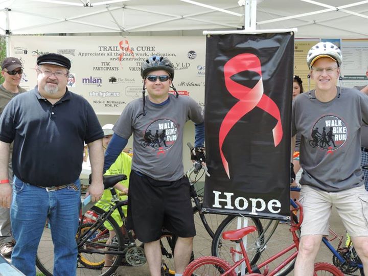 Bond LSC HIV researchers Stefan Sarafianos (left), Marc Johnson (center), and Donald Burke-Aguero (right) at the 7th annual Trail to a Cure along Katy Trail in Rocheport on May 3. | Credit: Trail to a Cure, Inc.. 
