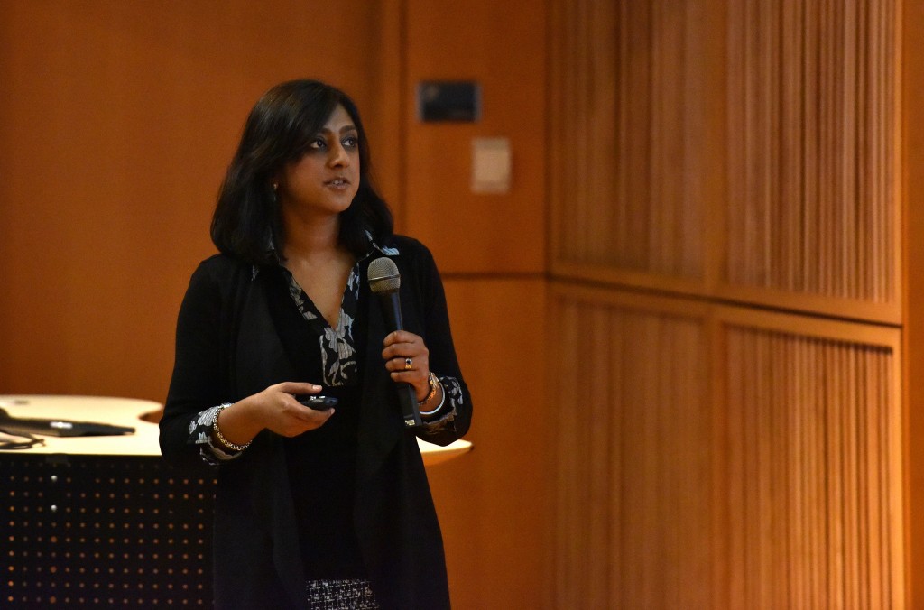 Joya Chandra, associate professor of pediatrics at The University of Texas MD Anderson Cancer Center, explains the epigenetics of pediatric cancers at the 2015 MU LSSP Symposium on epigenetics on Sunday, March 15.//photo by Caleb O'Brien/Bond LSC