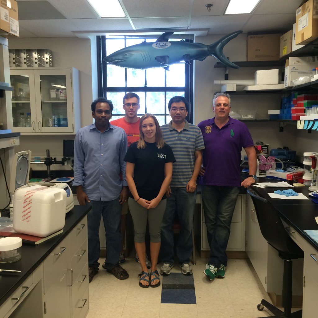 Alexander Franz (far right), an assistant professor of veterinary pathobiology at MU who demonstrated that CRISPR is effective in mosquitoes, stands with his lab. From left to right: Velmurugan Balaraman, Asher Kantor, Hannah Gerlt, and Shengzhang Dong. //Photo by Alexander Franz